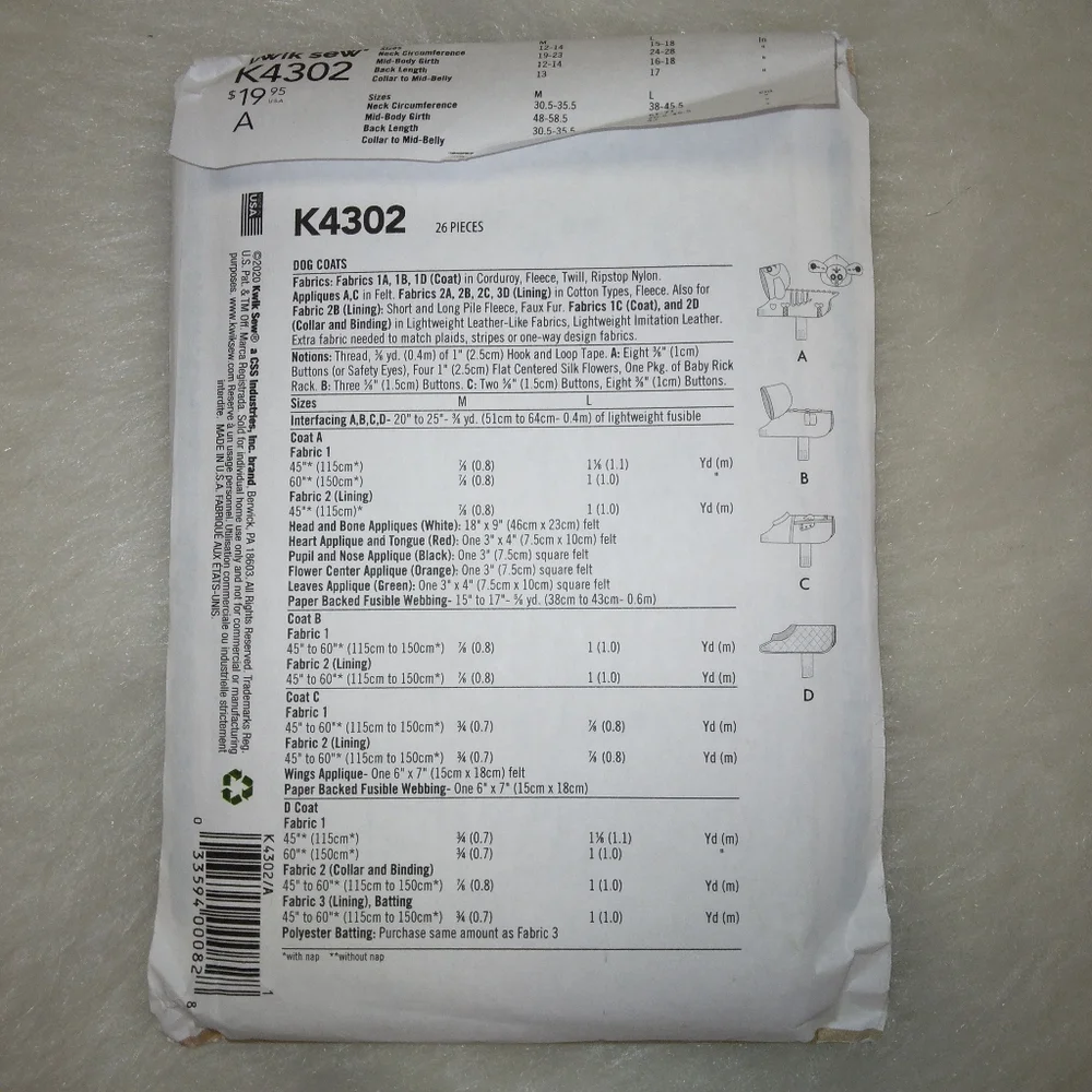 KWIK SEW K4302 Dog Coats in 4 styles Size M-L